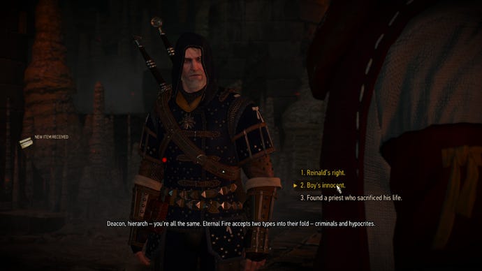 Witcher 3 screenshot showing the “Boy’s Innocent” dialogue option.