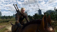 Geralt sits atop his steed Roach in The Witcher 3: Wild Hunt.