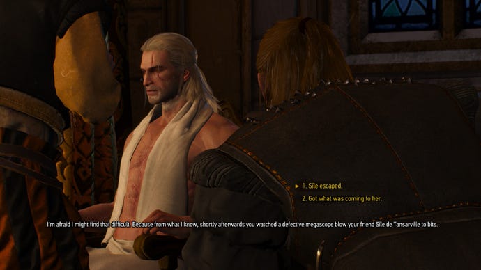 The Witcher 3 screenshot showing the fourth dialogue choice in the simulate witcher 2 conversation.