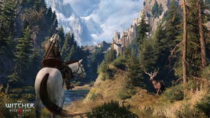 A white-haired witcher, Geralt of Rivia, sits on a white horse in a forest in The Witcher 3. There is a castle in the distance and a moose to his right.