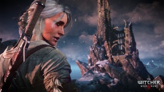 A white haired woman, Ciri, stands in front of a ruined tower while looking over her shoulder in artwork for The Witcher 3: Wild Hunt
