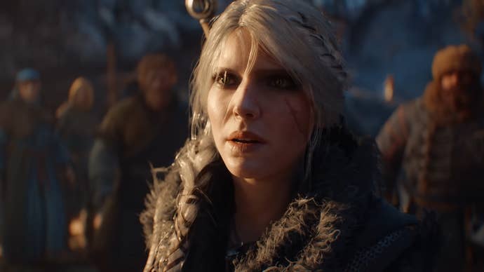 Close up on white-haired Ciri from The Witcher 4 cinematic reveal trailer