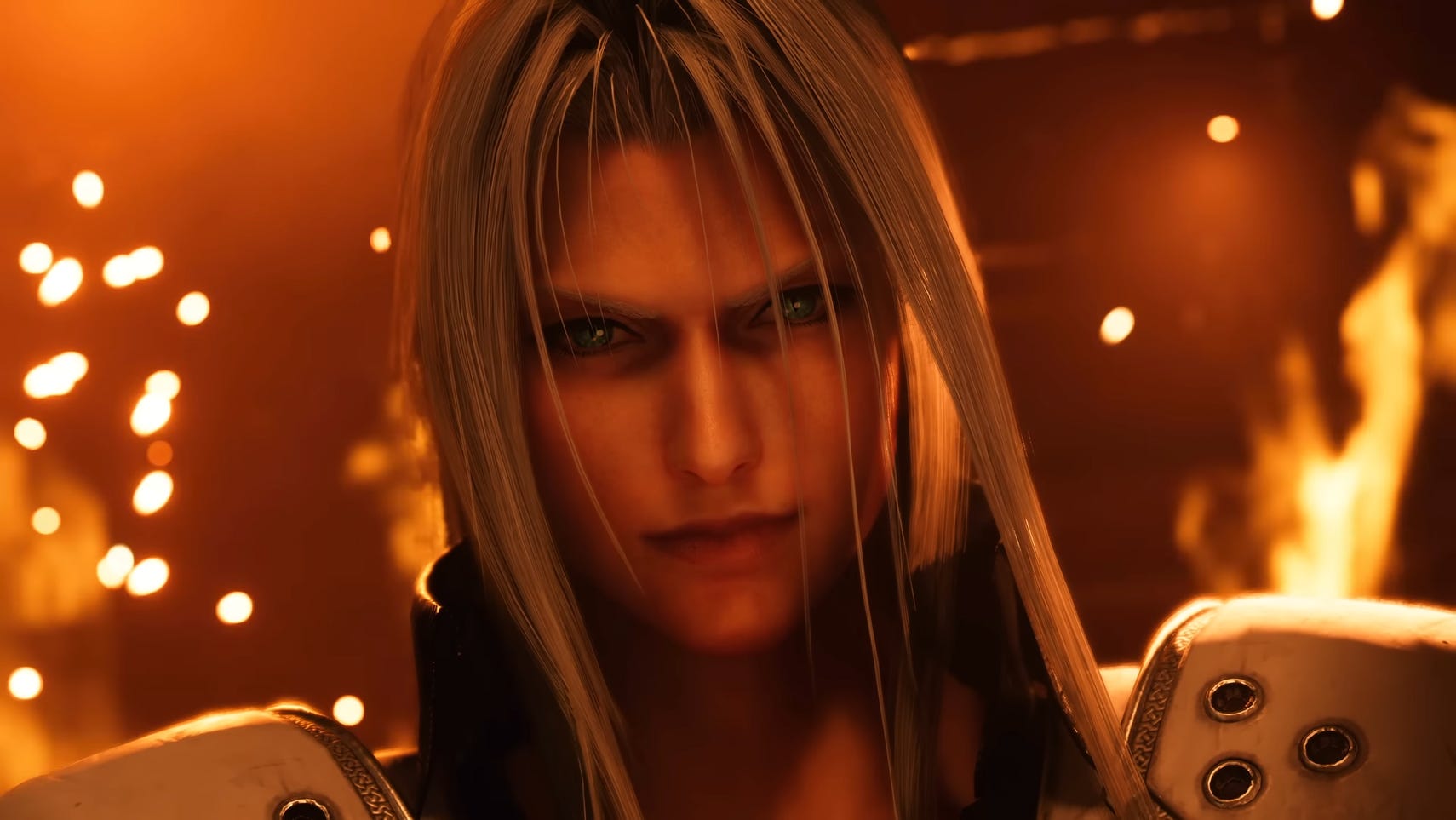 Close up of Sephiroth in flames from Final Fantasy 7 Remake