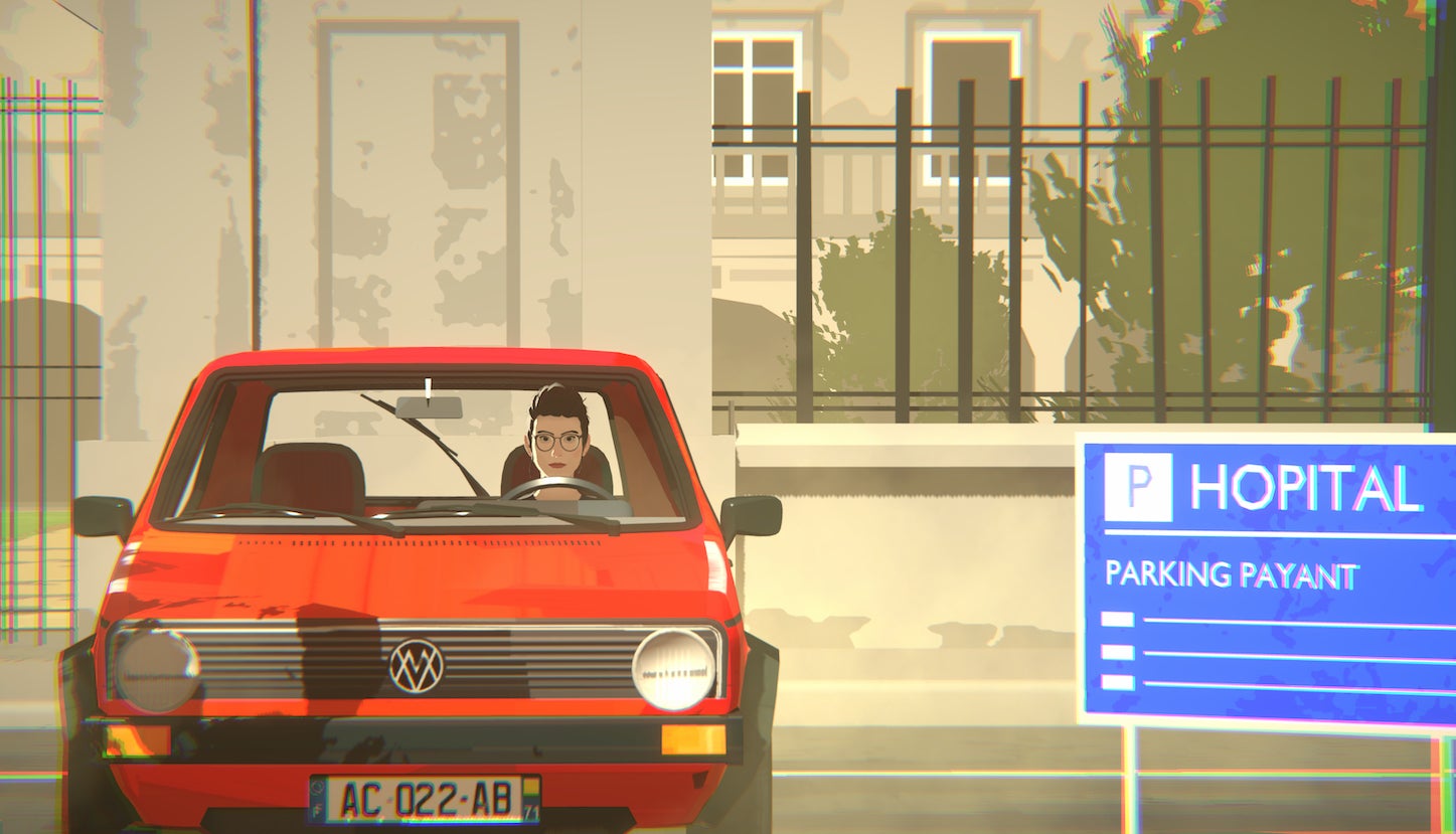 Junon sits in her red car outside a hospital in The Wreck