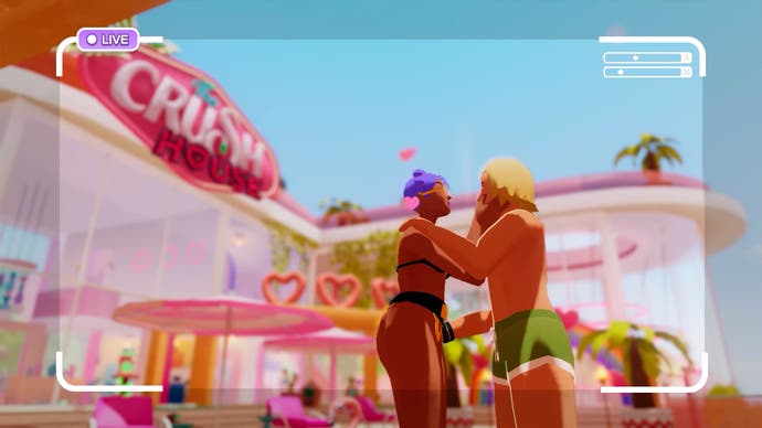 The Crush House official screenshot showing two characters hugging outside a pink reality TV house