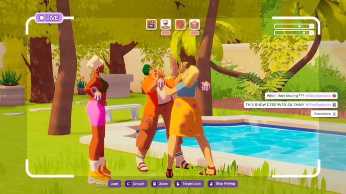 The Crush House official screenshot showing characters having a conversation by the pool