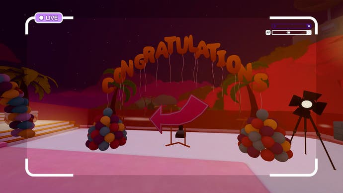 The Crush House official screenshot showing a stage with baloons and a congratulations sign