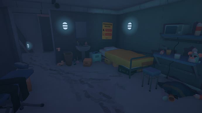 The Crush House official screenshot showing the dark basement room and camp bed where you sleep