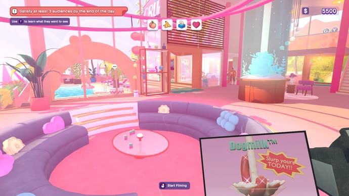 The Crush House official screenshot showing the plush pink interior of the house while ads play on your camcorder