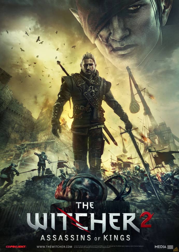 Witcher 2 box art showing a white-haired man in leather armour walking towards the camera, while a battle rages behind them. He has his sword drawn. It's Geralt of Rivia and he doesn't look pleased.