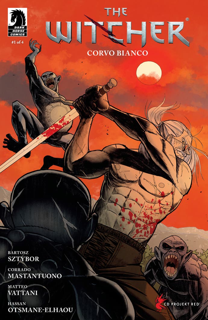 A topless Geralt fights off enemies on The Witcher Corvo Bianco comic cover