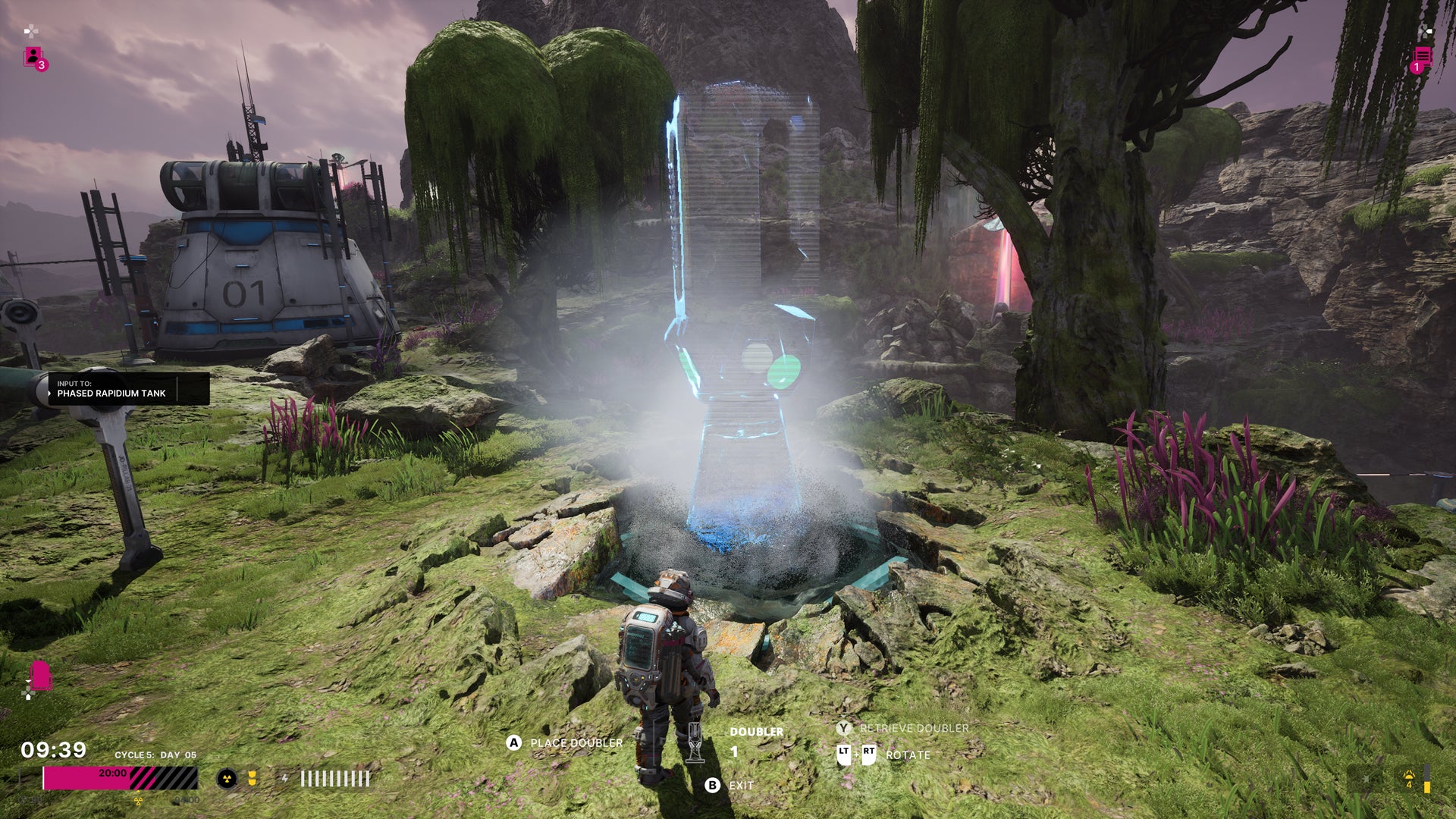 An elevated view of a man in a spacesuit beholding some kind of colourful alien nonsense on a green plain in The Alters: Last Variable.