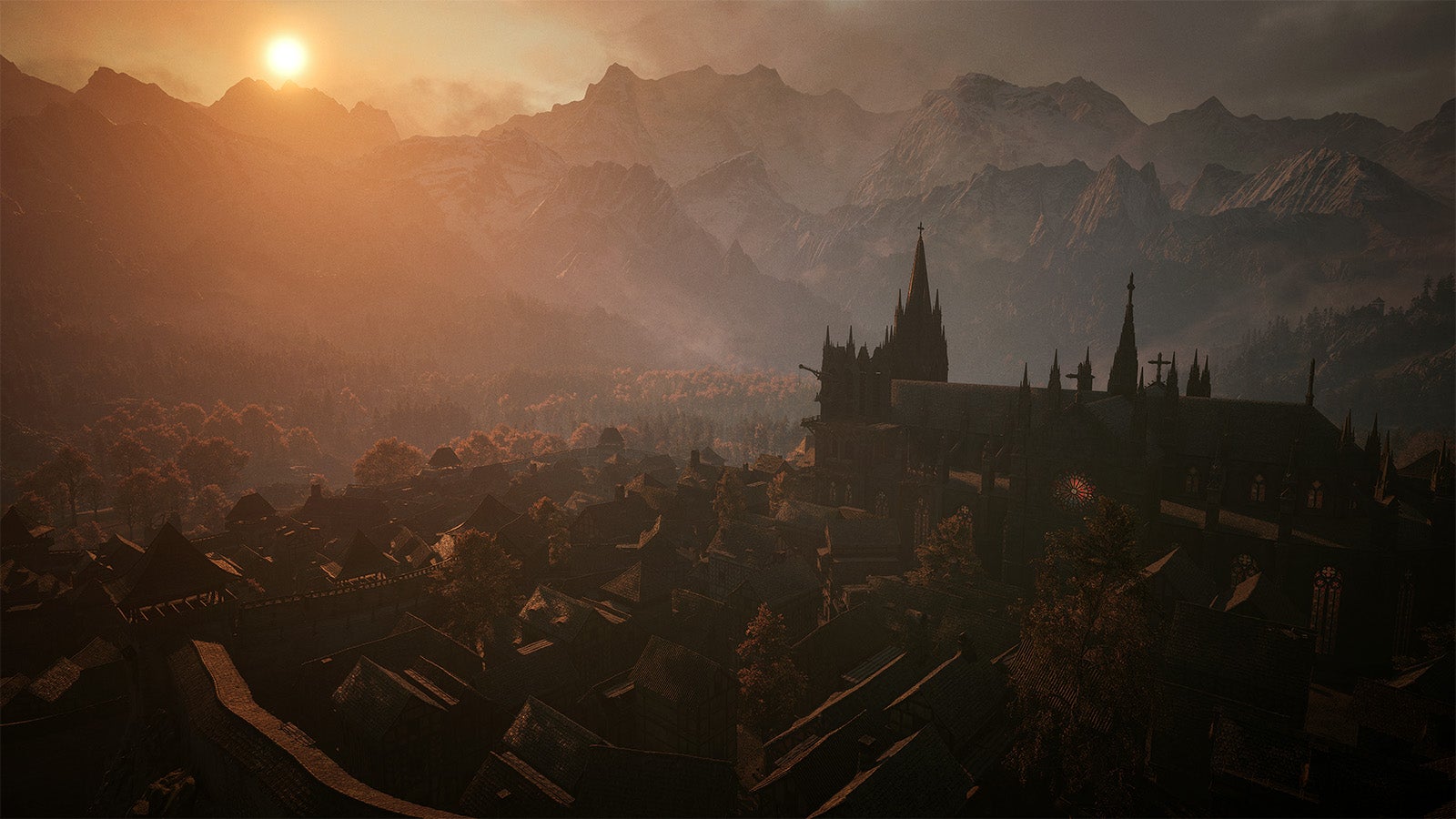 A bird's eye view of a medieval settlement at dusk in The Blood of Dawnwalker.