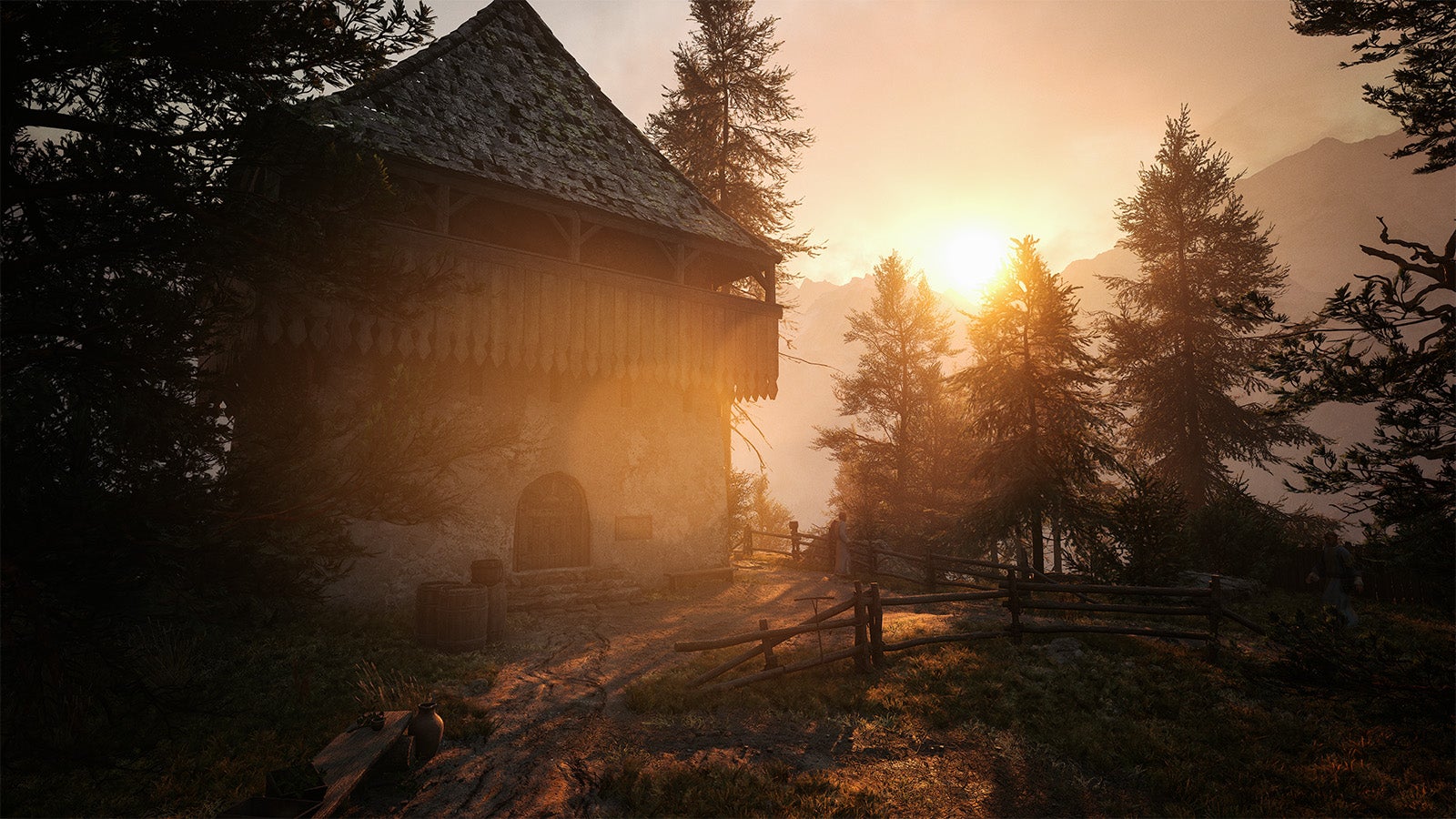 A medieval wattle and daub house in a forested area lit by a setting sun. It's a screenshot from The Blood of Dawnwalker.
