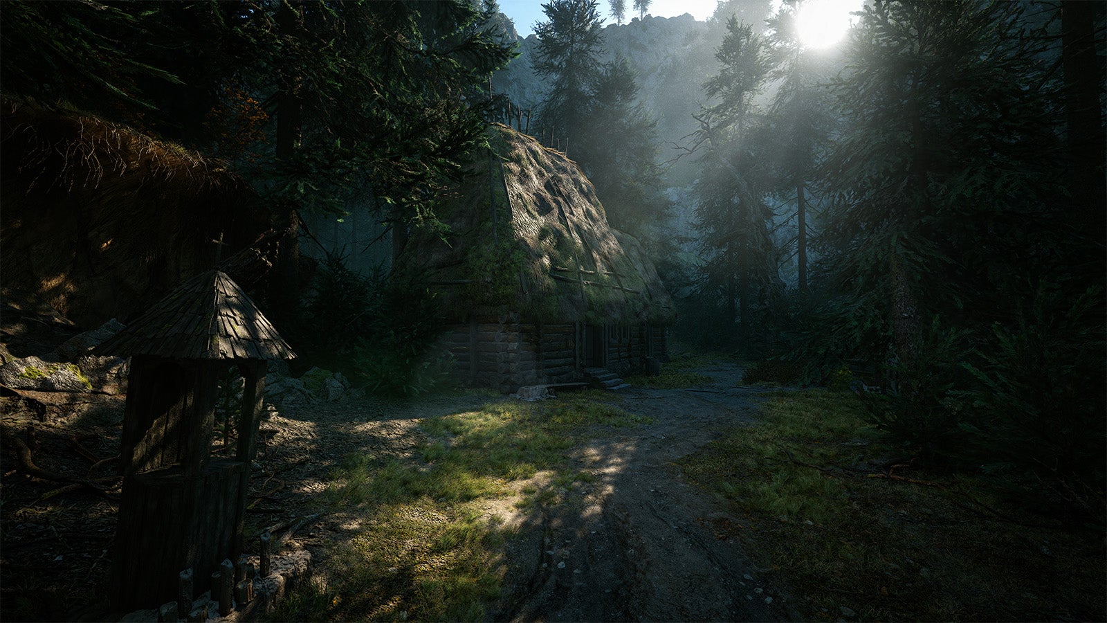 A hut in a forest as the sun goes down in The Blood of Dawnwalker.