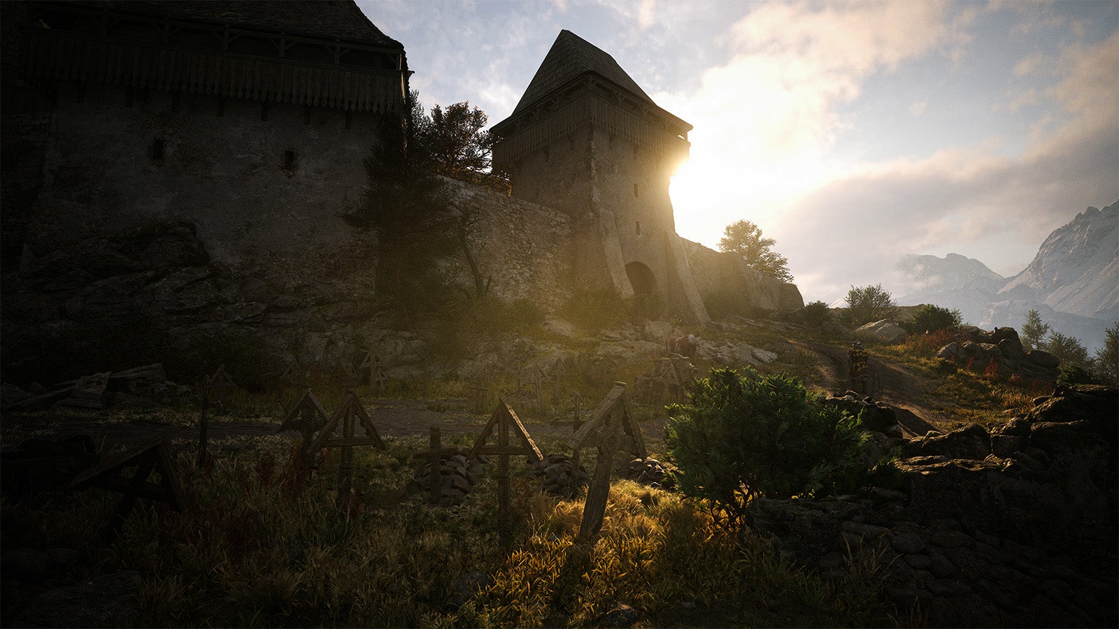 The wall of a castle seen from the bottom of a hill as the sun dips behind a tower on it. A screenshot from The Blood of Dawnwalker.