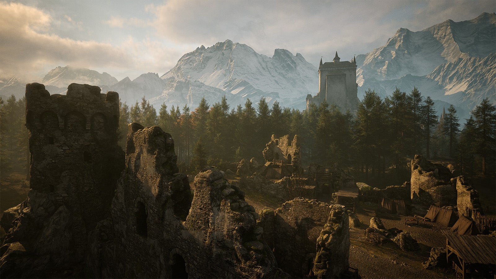 A birds eye view of decaying castles and forests and mountains in The Blood of Dawnwalker.