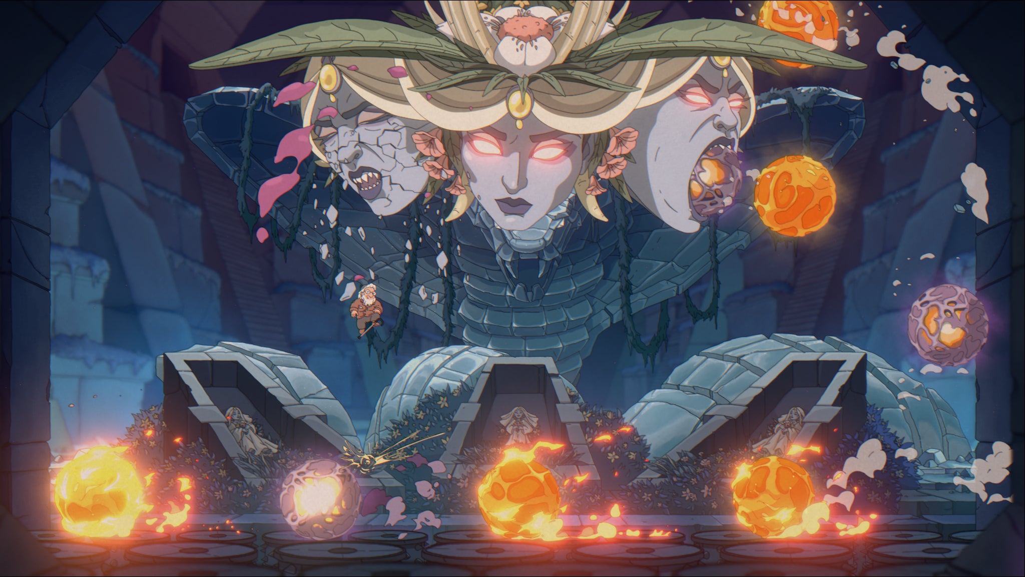 A three-headed goddess boss in The Eternal Life Of Goldman, spitting fire across a stony 2D arena - 31
