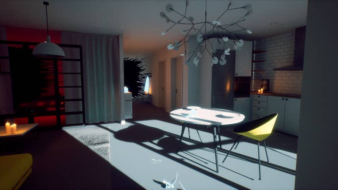 A stylish apartment with the night sky outside casting a long, atmospheric shadow across it.