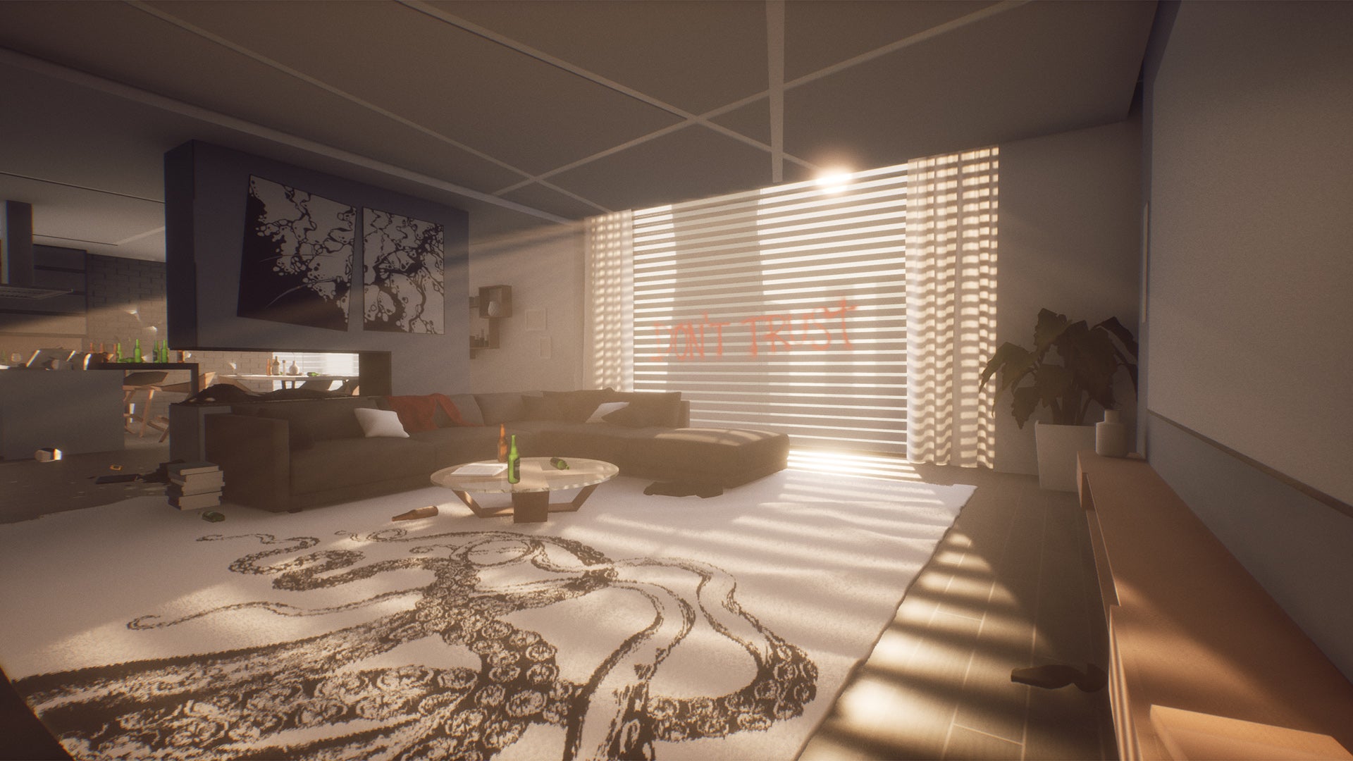 The living area of a stylish apartment, with the sun busting through the blinds. There&rsquo;s writing on those blinds, telling the player not to trust people.