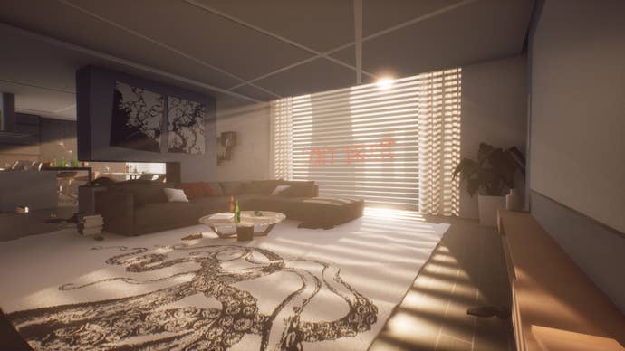 The living area of a stylish apartment, with the sun busting through the blinds. There’s writing on those blinds, telling the player not to trust people.