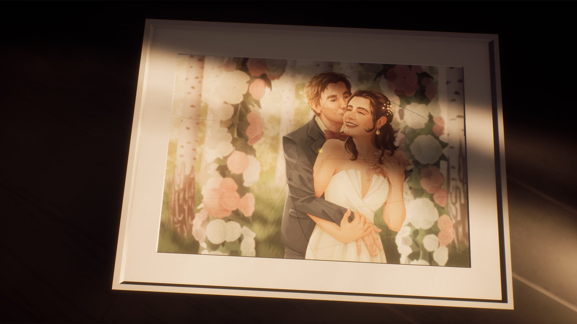 A photo of a husband and wife on their wedding day.