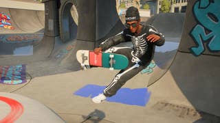 Skate screenshot showing skater in mid-air wearing skeleton outfit