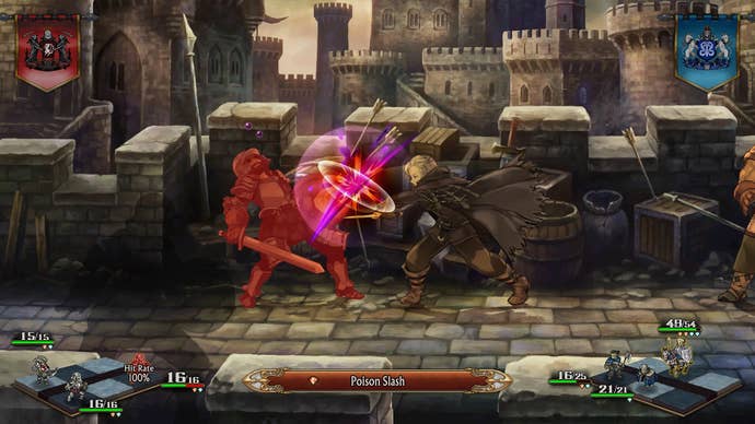 A battle scene in Unicorn Overlord – a theif attacks a soldier.