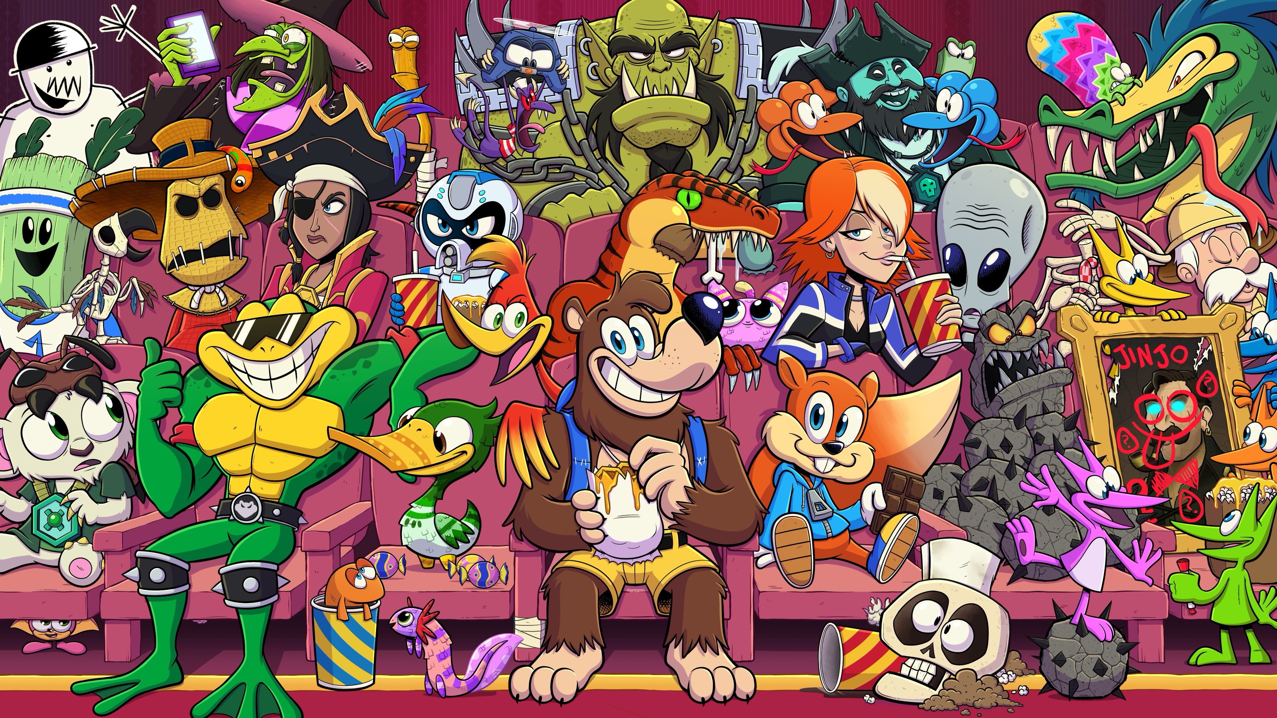 Theatre seating contains a range of characters from Rare games, including Banjo and Kazooie, Conker, Rash from Battletoads, Mr. Pants, Joanna Dark and Elvis from Perfect Dark, Lesedi from Sea of Thieves, Mr. Ribs from Grabbed by the Ghoulies and various Pi&ntilde;atas from Viva Pi&ntilde;ata. Some are just sat smiling, while others are getting up to mischief