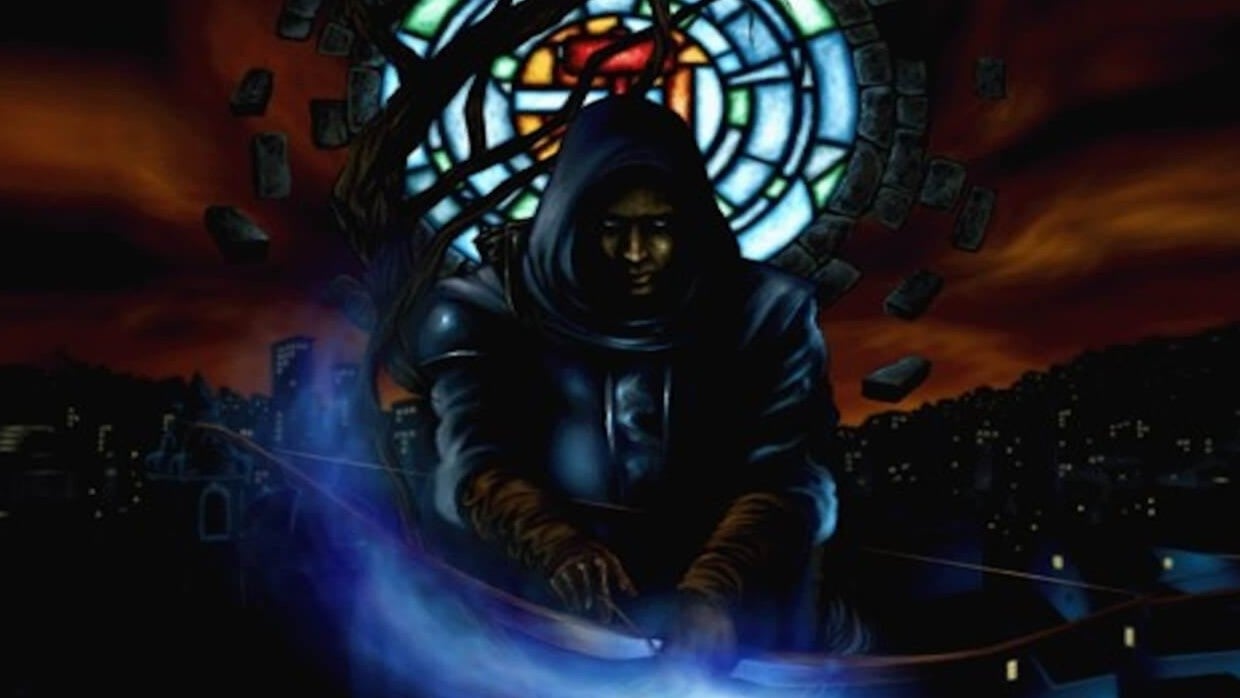 Title art for Thief Gold, showing main character Garrett with his hood up and an arrow in his bow.