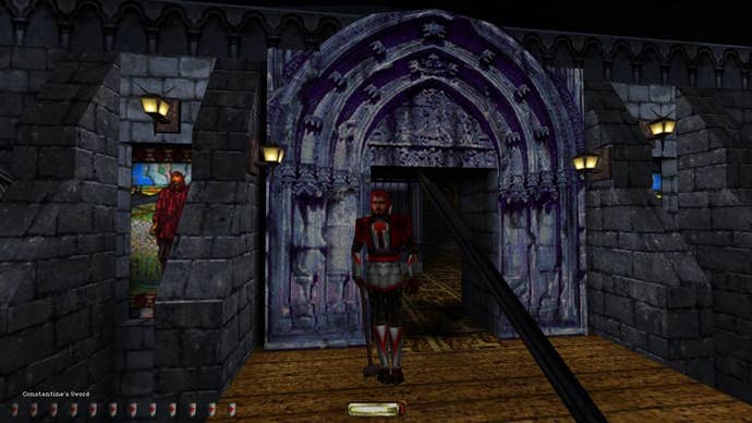 A screenshot of first person stealth sim Thief: The Dark Project. The player has been spotted by a Hammerite, a religious soldier wearing read and silver armour