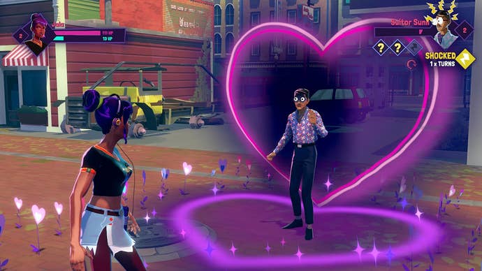 Screenshot from Thirsty Suitors, showing a fight between Jala and a random suitor.