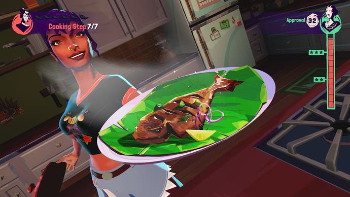 Screenshot from Thirsty Suitors of Jala showing off her perfectly cooked fish fry.