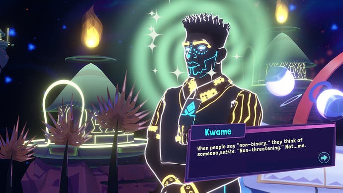 Screenshot from Thirsty Suitors, showing an ethereal Kwame.
