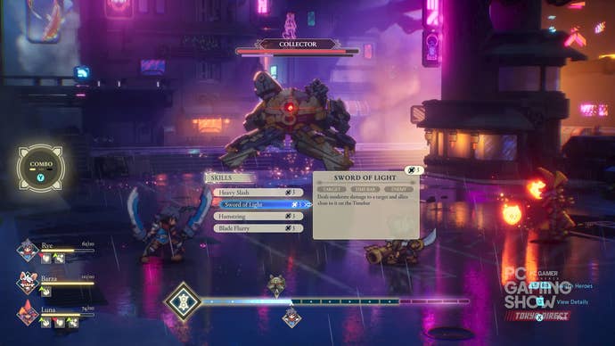 Threads of Time gameplay trailer screenshot showing battle scene against sci-fi robot in cyberpunk city