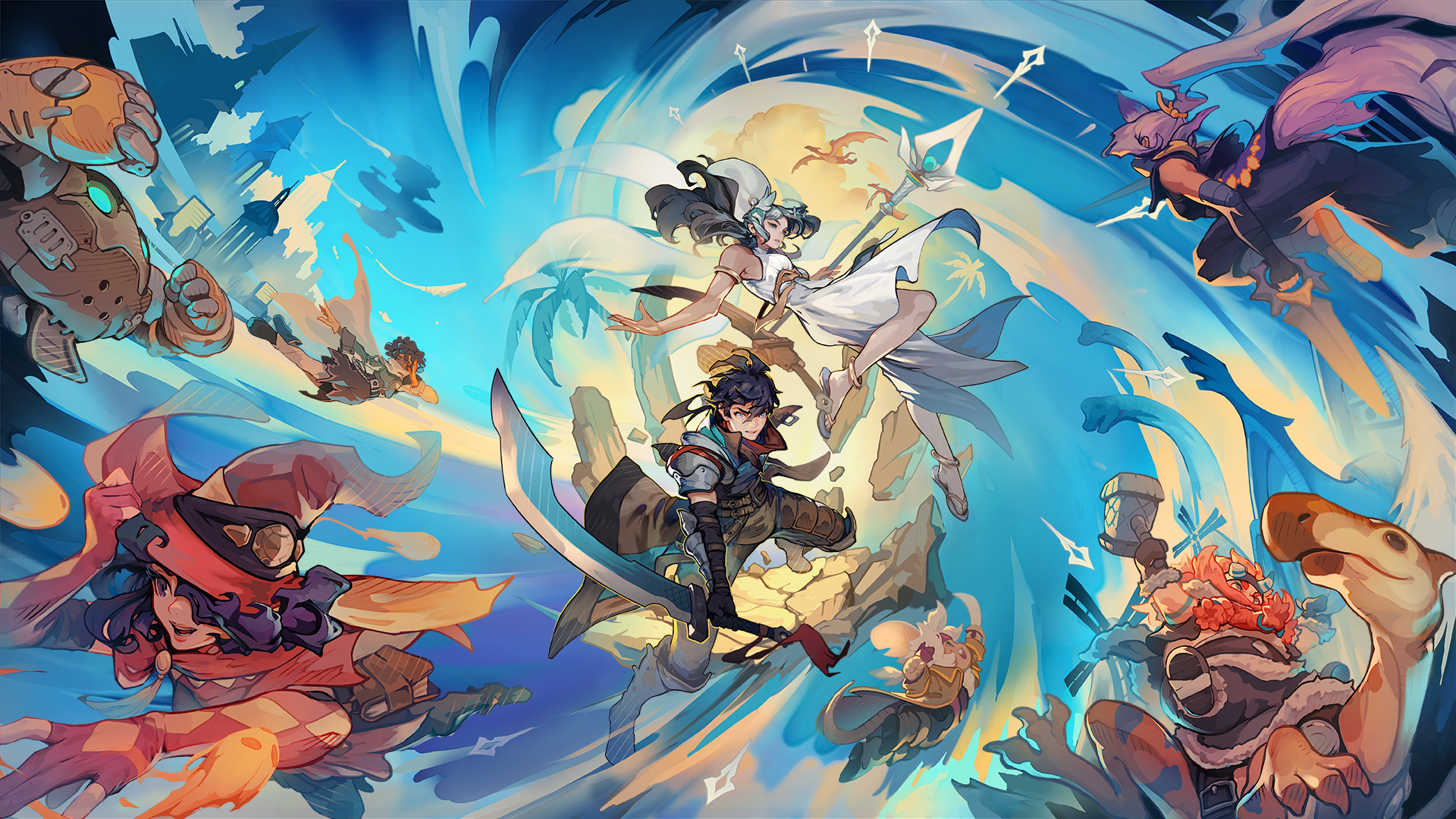 Threads of Time artwork showing multiple fantasy characters in a blue swirl