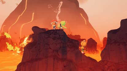 Three characters in Peak climbing beside an active volcano. There is a lot of lava