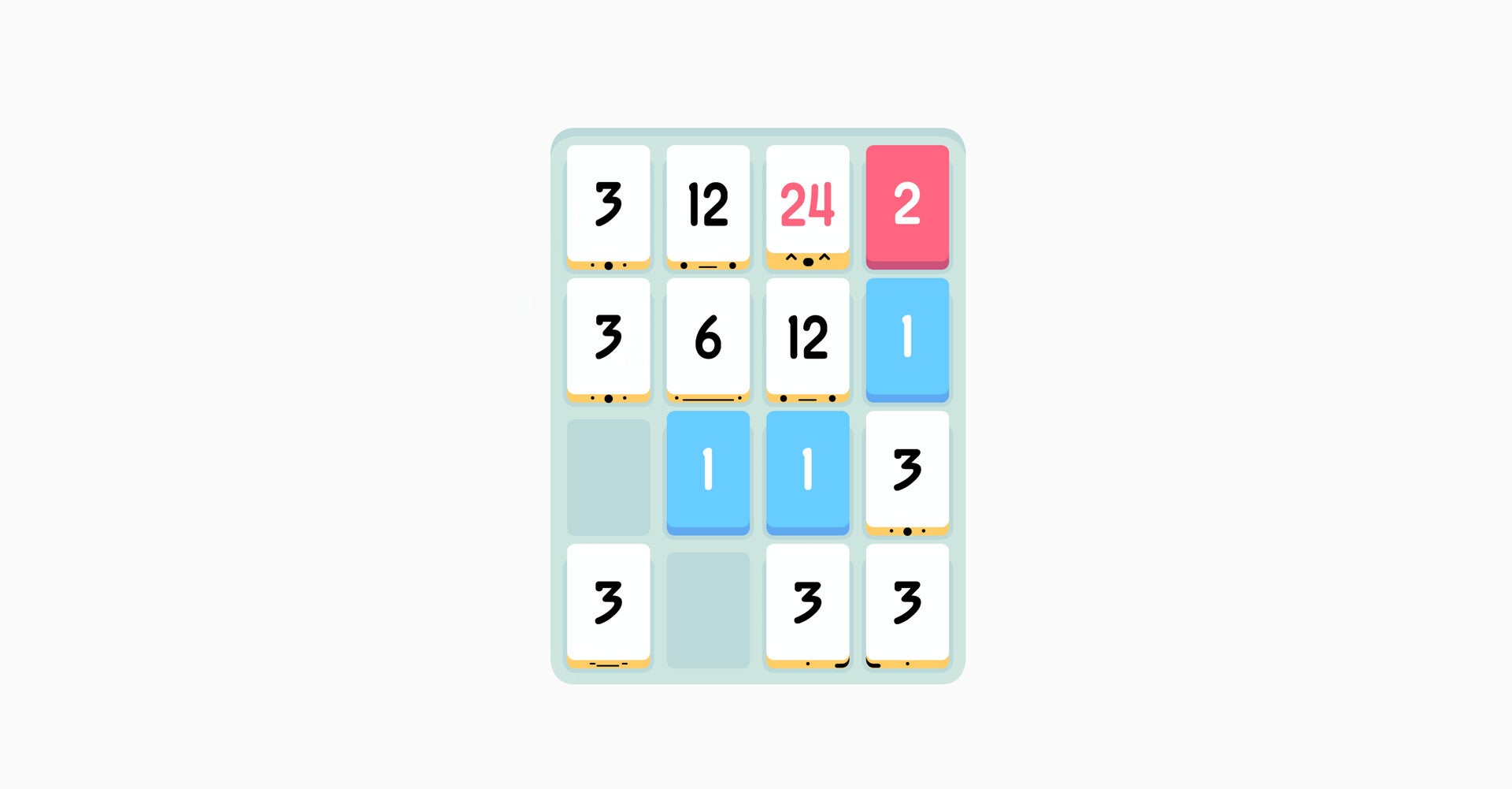 Numbers in a grid just ready to be added together during Threes! gameplay
