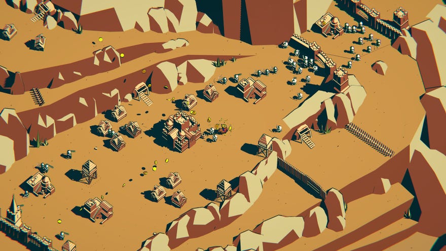 A settlement in a desert canyon is armed to the teeth with soldiers in Thronefall