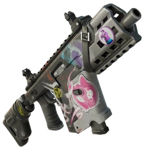 menu view of the thunder blast smg weapon in fortnite with white and pink graffiti on it and a small picture of a loot llama near the tip