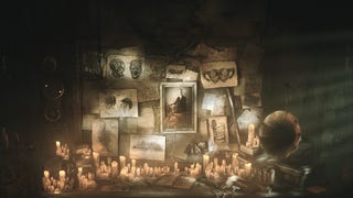 Promotional art for Hunt: Showdown's Tide of Corruption season, showing candles lit beneath a wall covered with photographs