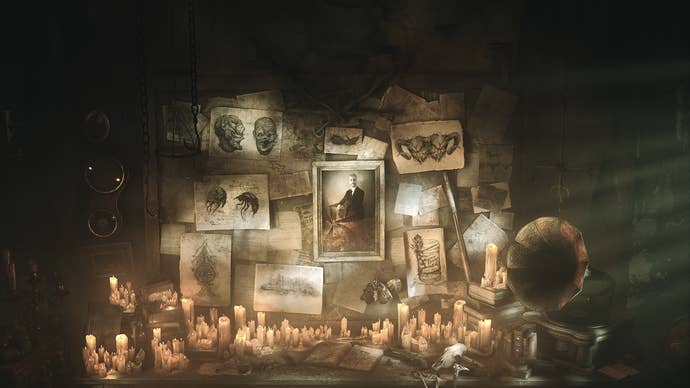 Promotional art for Hunt: Showdown’s Tide of Corruption season, showing candles lit beneath a wall covered with photographs