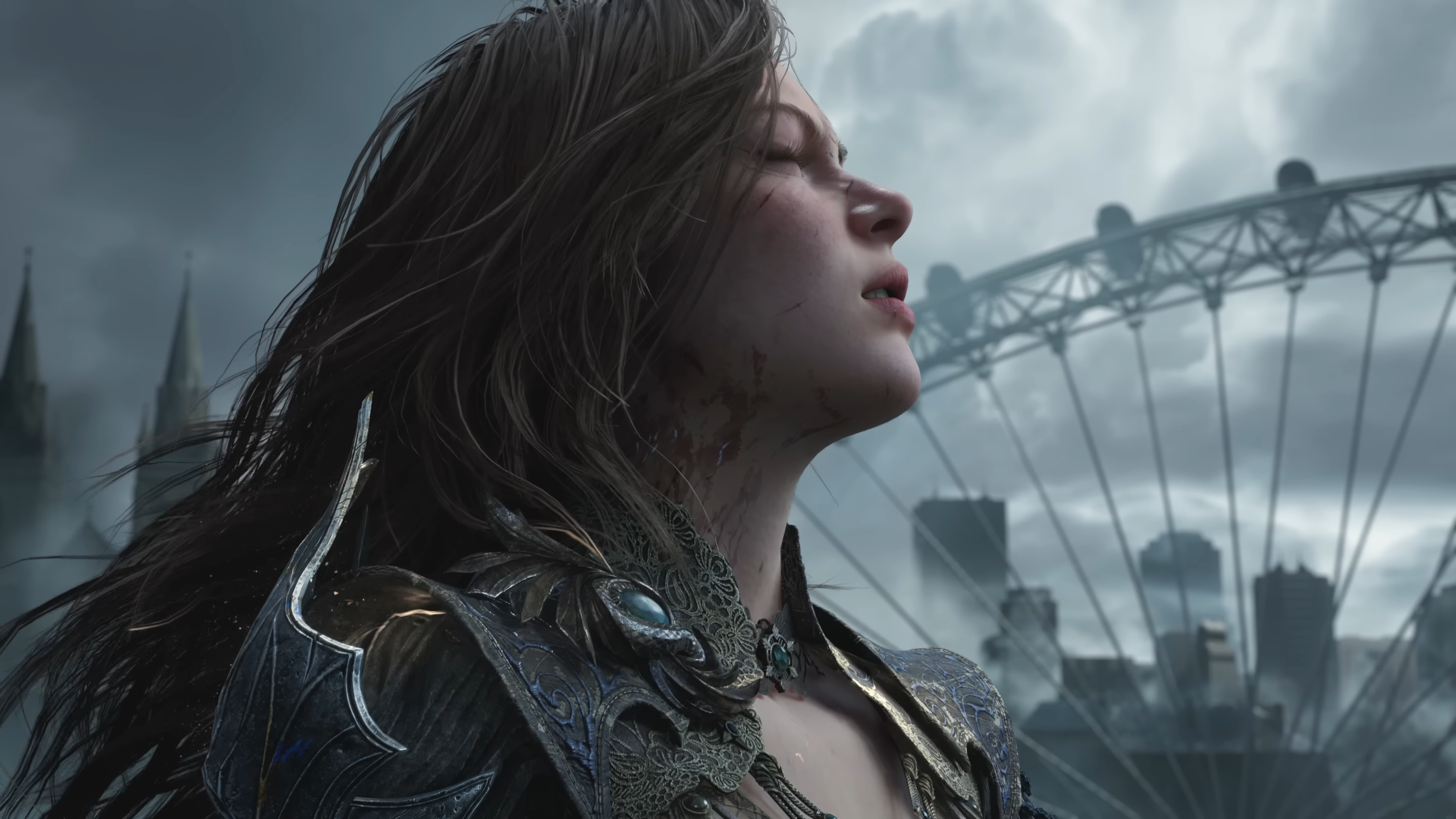 Tides of Annihilation screenshot showing close up of woman with broken London Eye in the background
