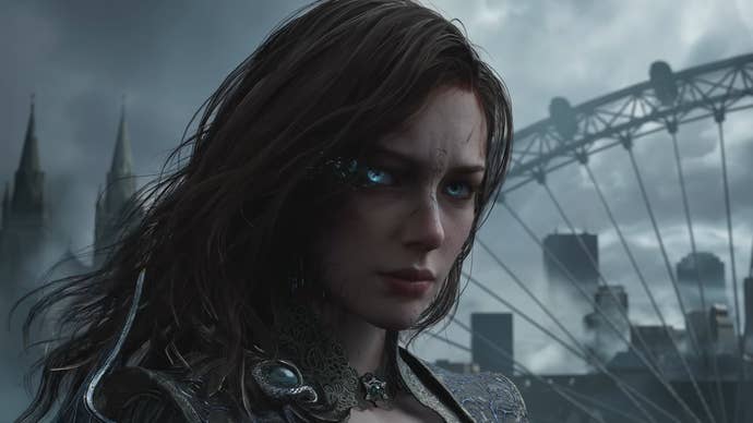Tides of Annihilation trailer screenshot showing close up of protagonist Gwendolyn with glowing blue eyes