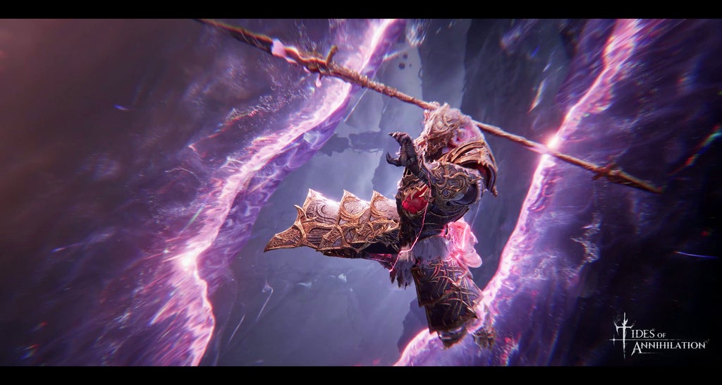 A helmeted knight with a fancy ornate spear leaping through a purple tear in reality in Tides Of Annihilation - 1