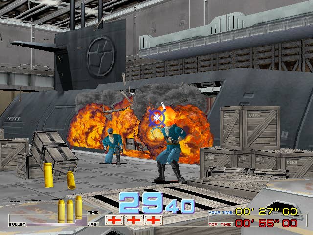 The player shoots at enemies in Time Crisis