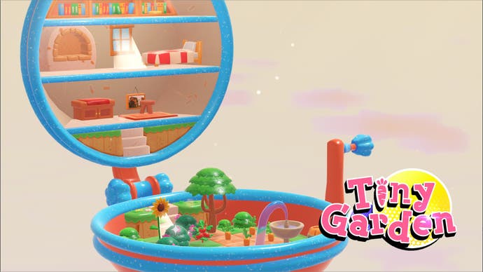Tiny Garden screenshot showing a Polly Pocket-like toy with miniature garden and dolls house levels.