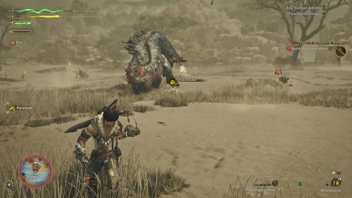 Using a Paratoad on the Quematrice in Monster Hunter Wilds.