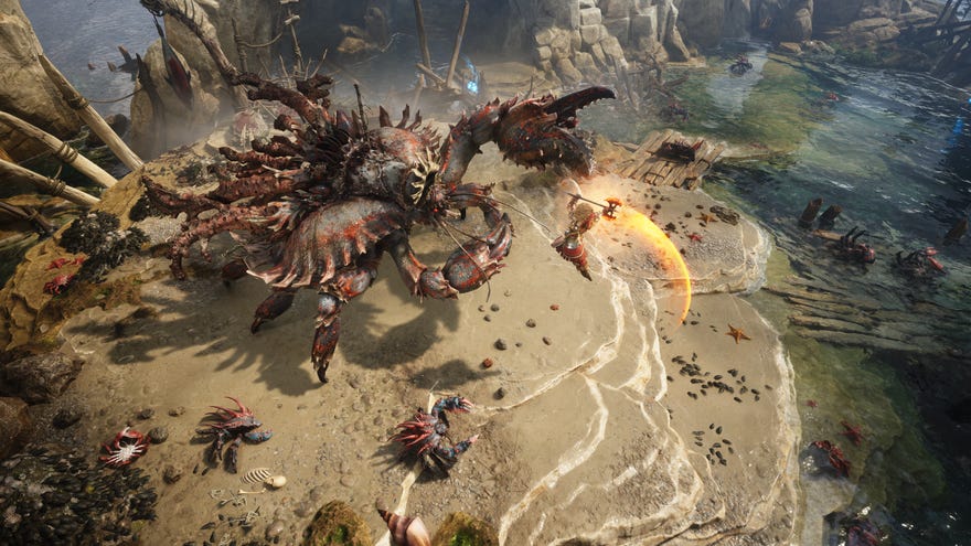 A player attacking a giant crab with an axe in Titan Quest 2