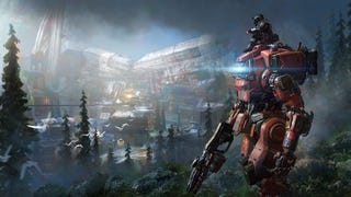 A promo shot for Titanfall 2 showing a Pilot sat atop their Monarch-class titan.